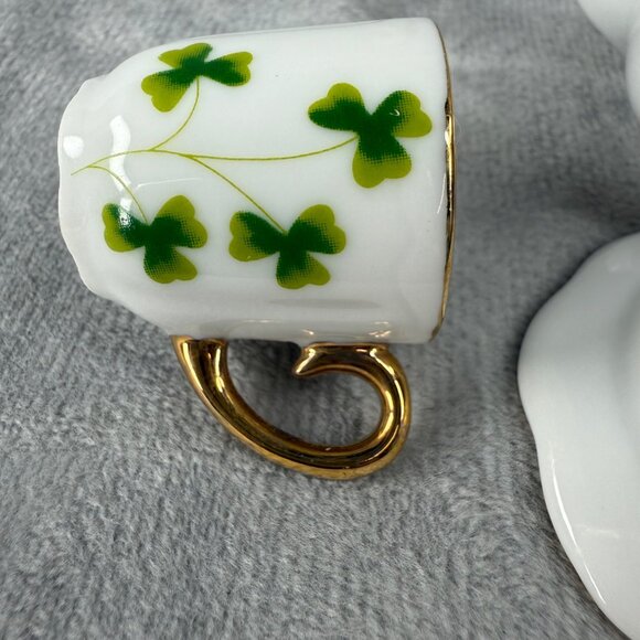 Shamrock Clover Pattern MINIATURE Creamer Cup & Saucer Set Gold Tone Trim - Picture 5 of 16